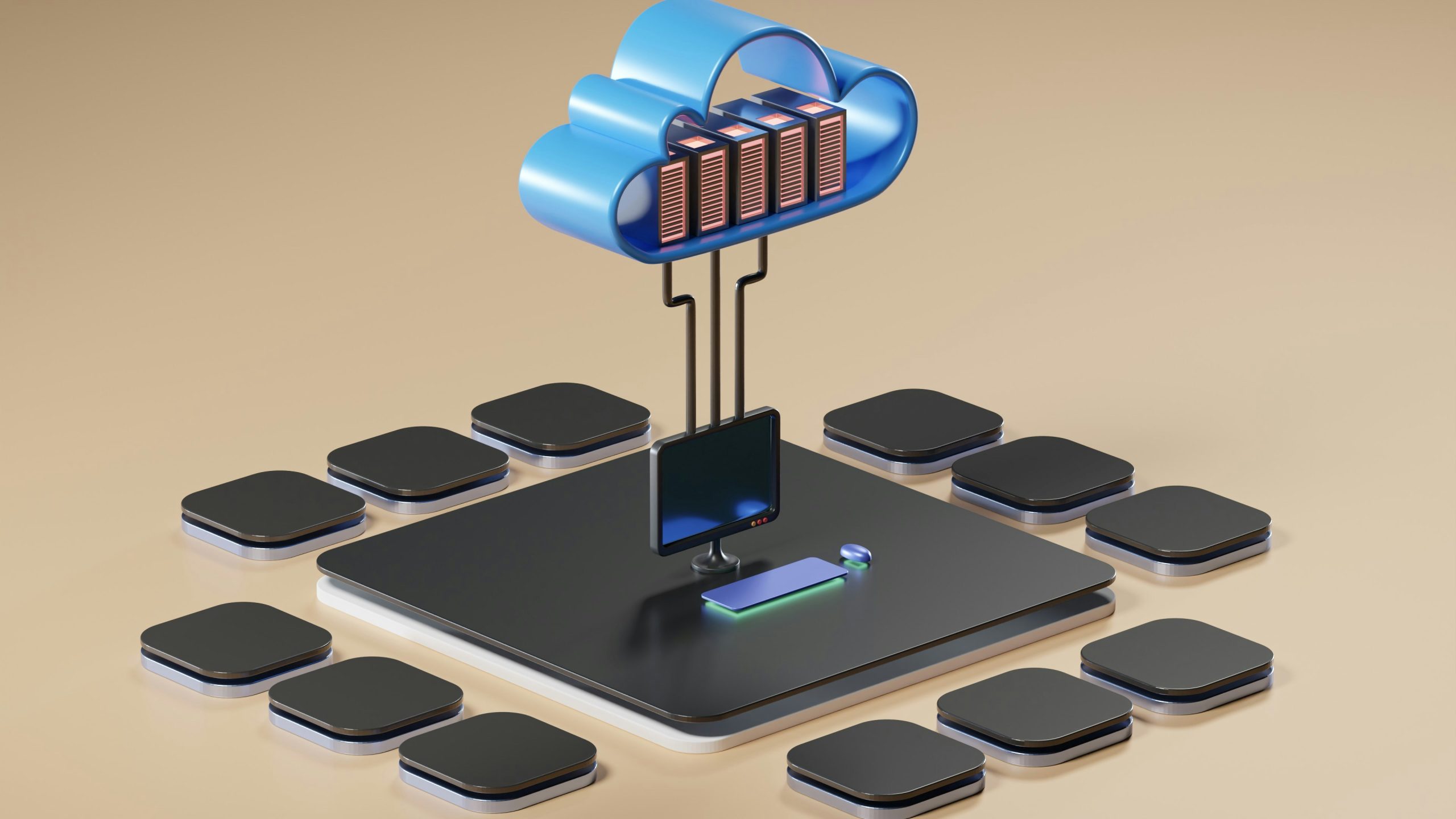 Cloud icon with connected lines leading to construction sites, blueprints, and 3D models, illustrating data transfer in Building Information Modeling.