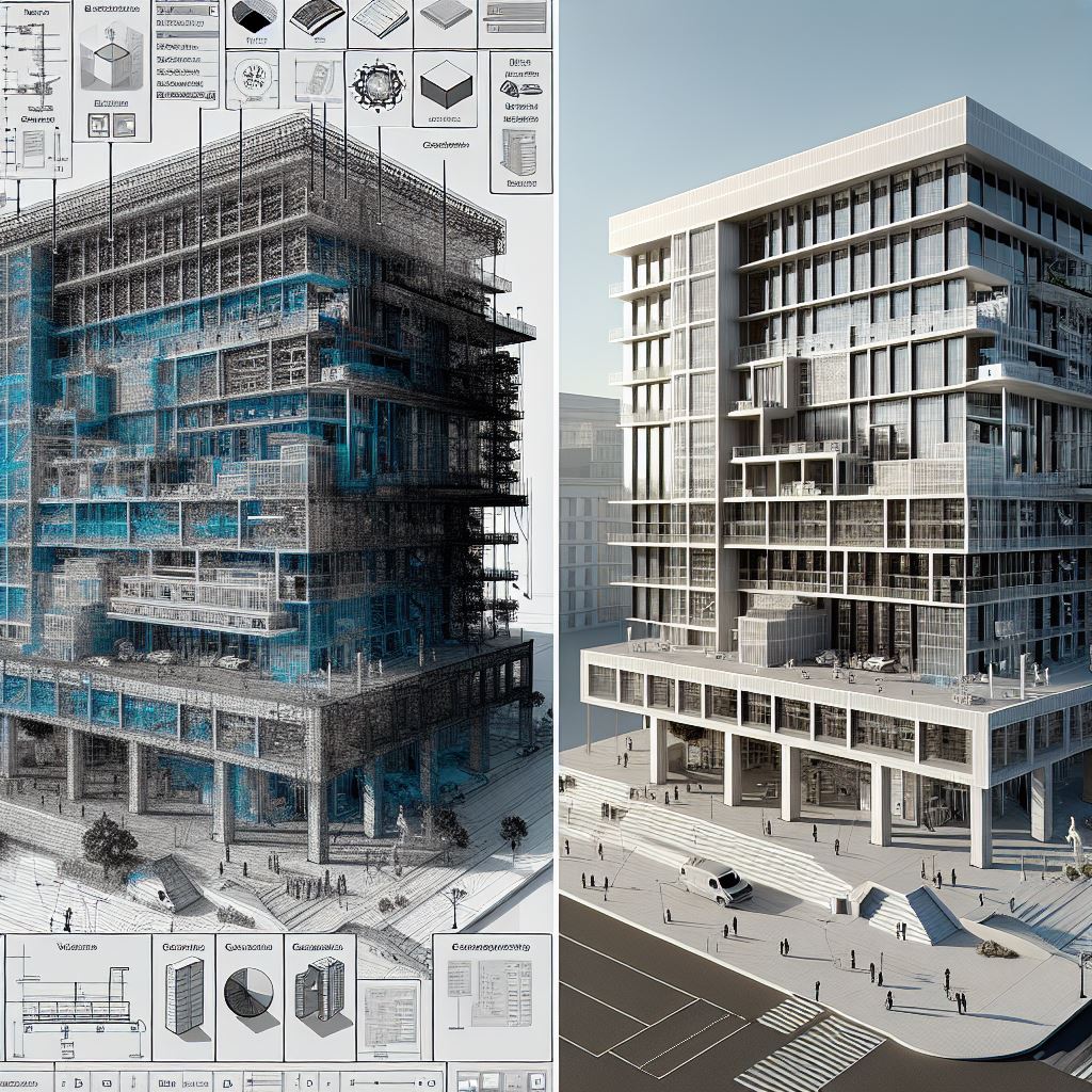 Comparison of a 2D architectural drawing and a 3D BIM model side by side, highlighting the difference in detail and visualization.