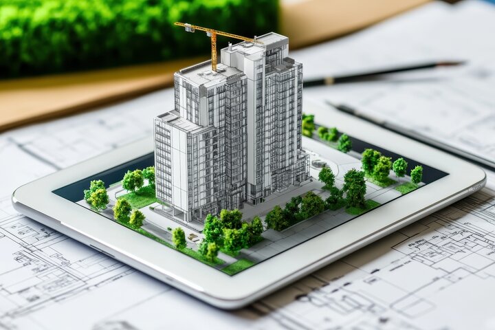 A modern building emerging from a tablet screen, symbolizing digital transformation in property development.